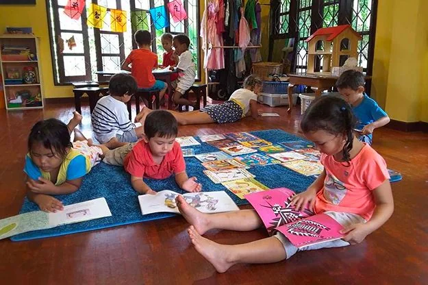 Children having lunch at Shining Stars Kindergarten Kamala